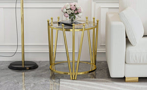 English Elm 19.69inch Gold Round Coffee Table with Crown Frame, 8mm Tempered Glass, Stainless Steel Base, Chic Storage Clear W1550P171466