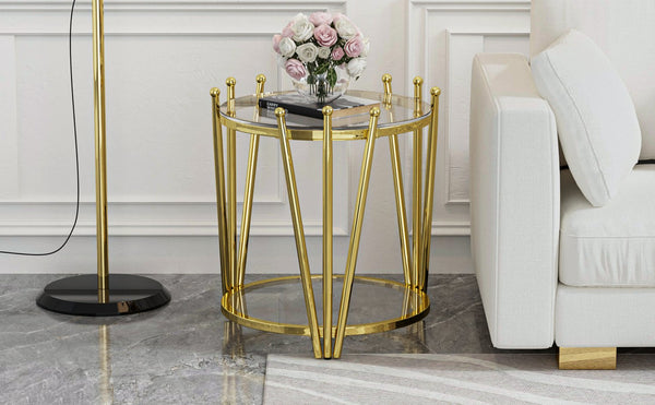 English Elm 19.69inch Gold Round Coffee Table with Crown Frame, 8mm Tempered Glass, Stainless Steel Base, Chic Storage Clear W1550P171466