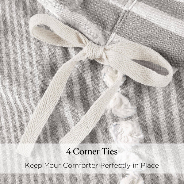 English Elm 3-piece Cotton Yarn Dyed Duvet Cover Set with Jacquard Pompom Stripe Bedding Grey B035P482894
