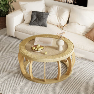 English Elm 35.43"vintage Woven Rattan Round Coffee Table Curved Wood Legs Boho Living Room W757P383547