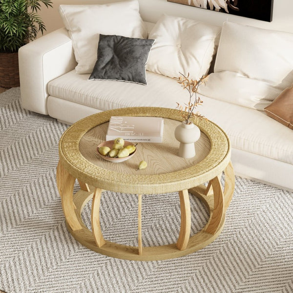 English Elm 35.43"vintage Woven Rattan Round Coffee Table Curved Wood Legs Boho Living Room W757P383547