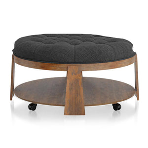 English Elm Wire-brushed Rustic Ottoman with Deep Button Tufting, Padded Linen-Like Seat & Open Shelf, 40¾" DIA Dark Gray 44 L x 44 W x 10 H B011P184967