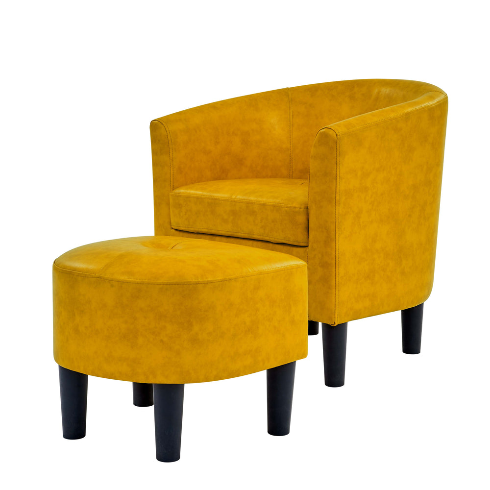 English Elm PU PU Leather Barrel Chair with Ottoman Modern Faux Leather Accent Seat Set Kiln-Dried Wood Frame, Rounded Back for Comfort and Stylish Living Room Appeal Yellow B343P317240
