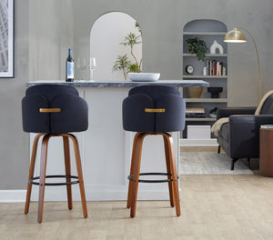 English Elm Fixed-height Mid-century Barstools with Walnut Legs and Grey Upholstered Seats Set Black B202S01904