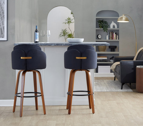 English Elm Fixed-height Mid-century Barstools with Walnut Legs and Grey Upholstered Seats Set Black B202S01904