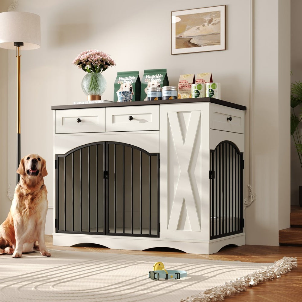 English Elm Go Farmhouse White Wood Dog Crate End Table with Three Drawers and Iron Door Panels N704P338959K