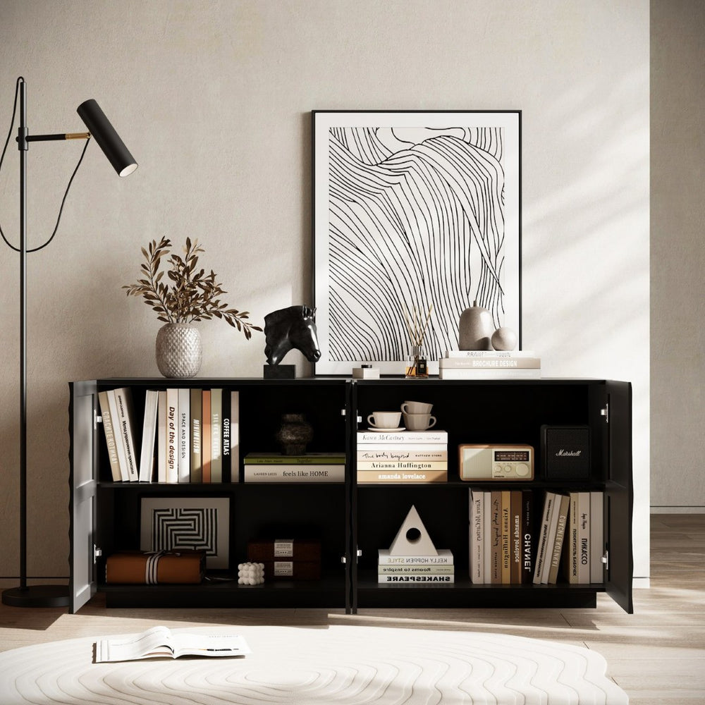 English Elm Buffet Sideboard with Wave Textured Doors Matte Black Sculptural Storage Cabinet W2263P353560