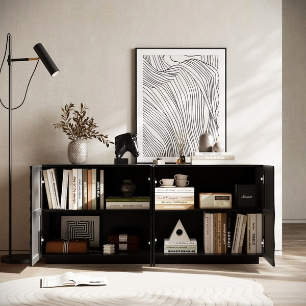 English Elm Buffet Sideboard with Wave Textured Doors Matte Black Sculptural Storage Cabinet W2263P353560