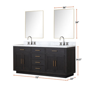 English Elm Black Oak Double Bath Vanity 72" W With Carrara Marble Top, Chrome Faucets & 34" Mirrors Included B2731S02175