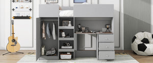 English Elm Wood Full Size Loft Bed with Built-In Wardrobe, Spacious Desk, Shelves and 3 Drawers for Storage Grey GX001819AAE