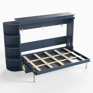 English Elm Full Size Murphy Wall Bed with Side Cabinets Three Drawers and Shelving for Small Spaces Blue W1580S00451