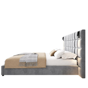 English Elm Upholstered King Bed Wide Velvet Headboard Built-in Reading Lamps and Usb Ports N757K200132G