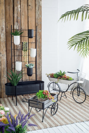 English Elm 32x14x60" Matte Black Iron Ladder Plant Stand with Bucket Planters for Indoor Outdoor W2078P499969