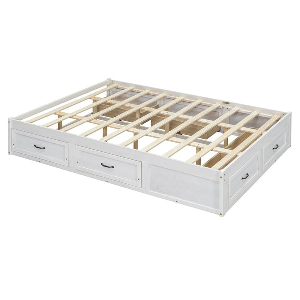 English Elm Queen Platform Bed with Six Storage Drawers Low Profile Frame for Modern Bedrooms Antique White N708P263022K-1