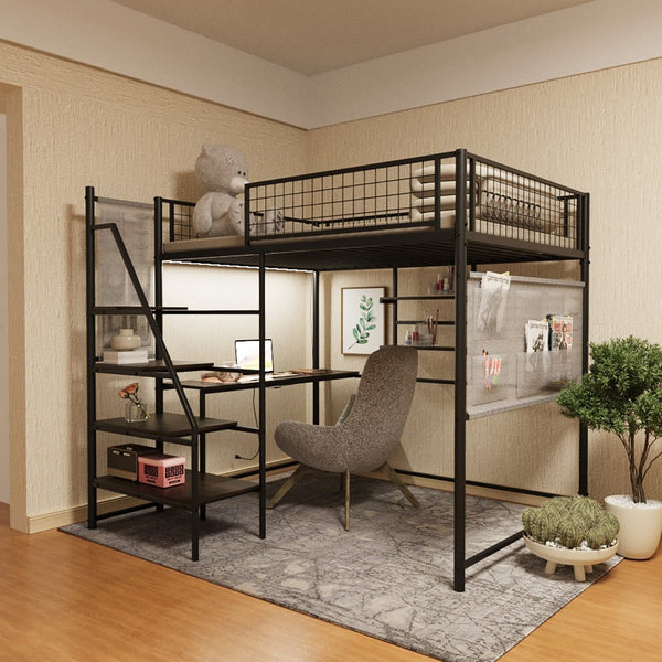 English Elm Black Metal Loft Bed with Built-in Desk Rgb Led Lighting and Charging Station Black W1671S00006