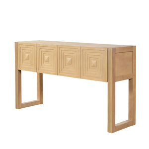 English Elm [video] Art Deco Console Table Geometric Carved Fronts Fluted Legs 3 Soft-close Drawers Light Brown N759P433572T