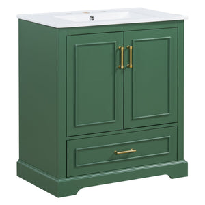 English Elm 30" Modern Bathroom Vanity with Ceramic Sink, Soft-Close Doors, Divided Drawer & Dual Door Shelves Green N729P321376F