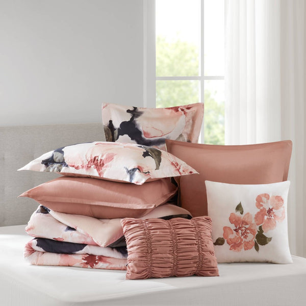 English Elm 7-piece Cal King Cotton Printed Comforter Set with Embroidered Decorative Pillows Blush Multi B035P482948