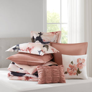 English Elm 7-piece King Comforter Set Cotton Print Bedding with Embroidered Pillows Layered Bedroom Blush Multi B035P482947