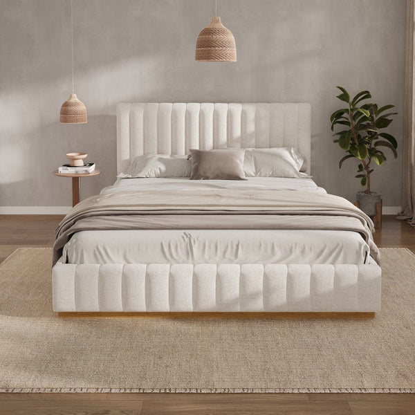 English Elm King Upholstered Bed Linen Channel Stitch Tall Headboard Solid Wood Slatted Base N757K339014I