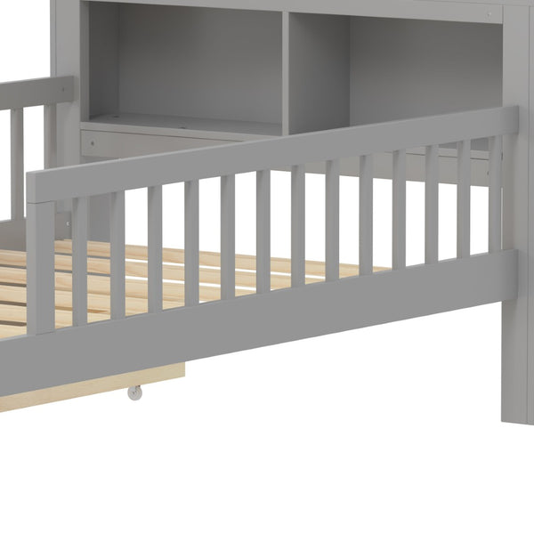 English Elm Twin Size Bed With Headboard Storage, Two Drawers & Safety Guardrails - Stylish Gray Design! N733P272374E-GIGA