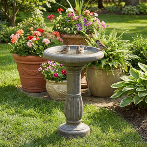 English Elm Polyresin Pedestal Birdbath Antique Gray Stone Look Outdoor Garden Accent 25 Inch N772P450049G