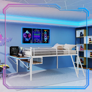 English Elm Full Size Steel Loft Bed with Integrated Desk Led Lighting and Under Bed Storage White W1935P463341