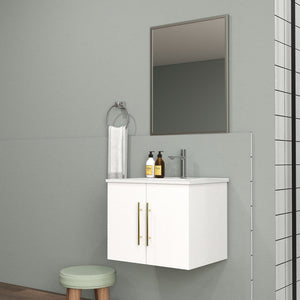 English Elm 24-Inch Wall-Mounted Bathroom Vanity & Mirror Combo - Modern Glossy White, Gold Handles, Soft Close W3151S00033
