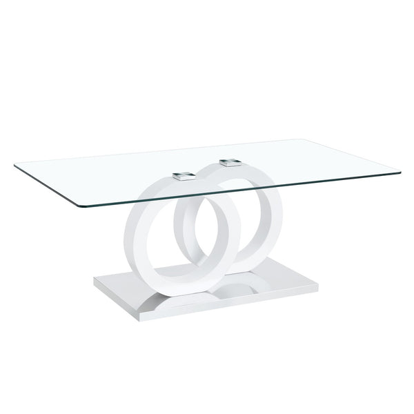 English Elm Contemporary Glass Top Coffee Table with Dual Circle White Mdf Base for Living Room W3875P397147