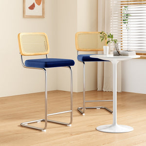 English Elm Counter Height Bar Stools Set Of 2 - Chic Royal Blue Velvet With Rattan Back For Modern Spaces T3623P360717