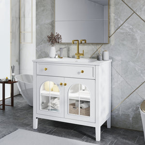 English Elm 35.6" Freestanding Bathroom Vanity with Roman Column Base and Ceramic Integrated Sink White W1801S00001