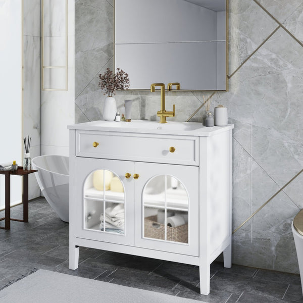 English Elm 35.6" Freestanding Bathroom Vanity with Roman Column Base and Ceramic Integrated Sink White W1801S00001