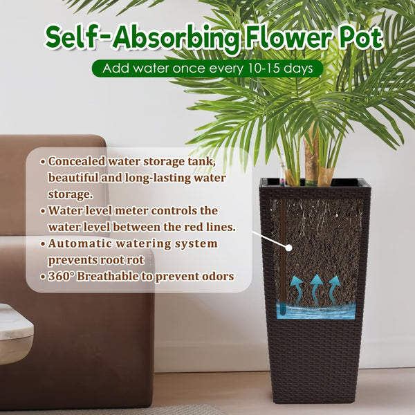 English Elm Pack of 2 Tall Square Faux Rattan Outdoor Planters with Auto Watering Patio Porch Set Brown W3213P311469