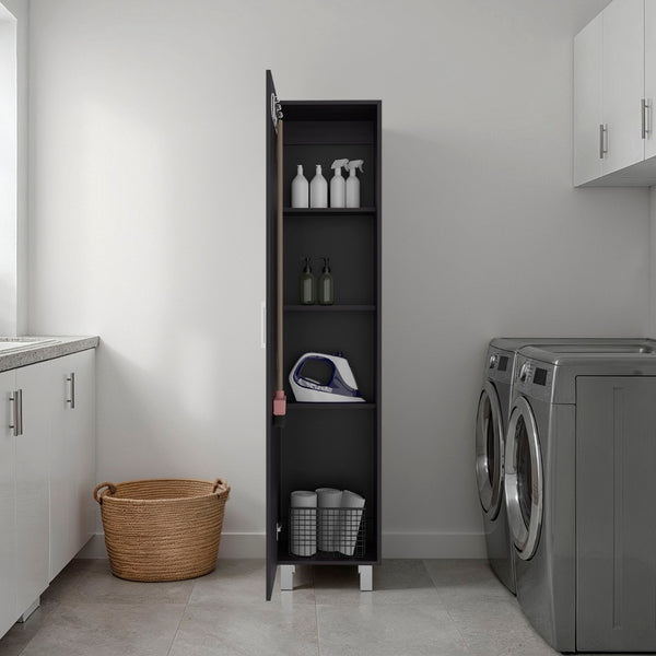 English Elm Vernon Narrow Freestanding Storage Cabinet with Interior Shelving and Broom Hooks Black B097P474306