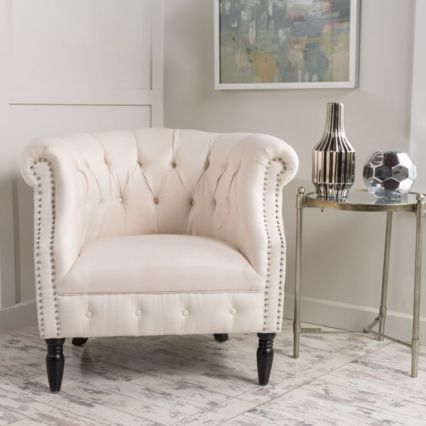 English Elm Christopher Knight Home® - Akira Tufted Club Chair Beige Fabric with Studded Arms, High Back Comfort, Elegant Throne Appeal 59259.00FBEI