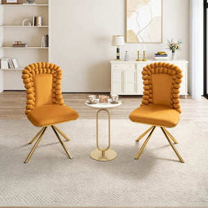 English Elm Dining Velvet Swivel Chairs Set of 2 with Hairball Backrest, Gold Metal Legs, Plush Foam Seat, Adjustable Feet Orange W757P281149