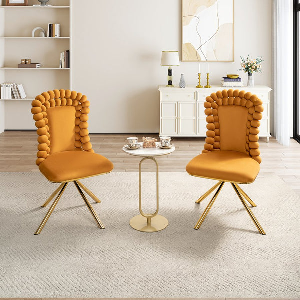 English Elm Dining Velvet Swivel Chairs Set of 2 with Hairball Backrest, Gold Metal Legs, Plush Foam Seat, Adjustable Feet Orange W757P281149