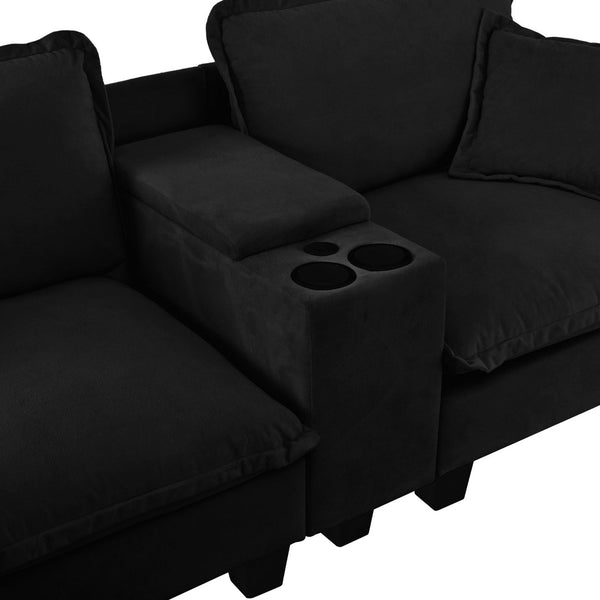 English Elm Modular U-shaped Chenille Sectional Sofa with Storage Consoles Usb Charging and Ottomans Black W3163S00125