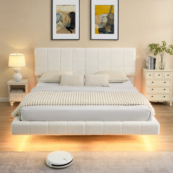English Elm Christopher Knight Home® - White Boucle Floating Bed With Mood Lighting - Modern Queen Design For Comfort & Style N769P304635W