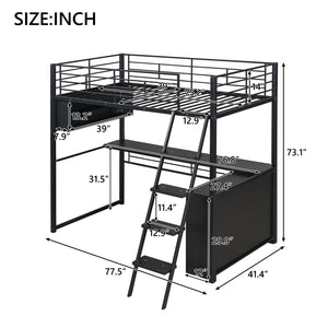 English Elm Twin Metal Loft Bed with LED Desk & 4 Shelves, Black — Sturdy Metal/Wood Frame, Space-Saving Design GX000652AAB