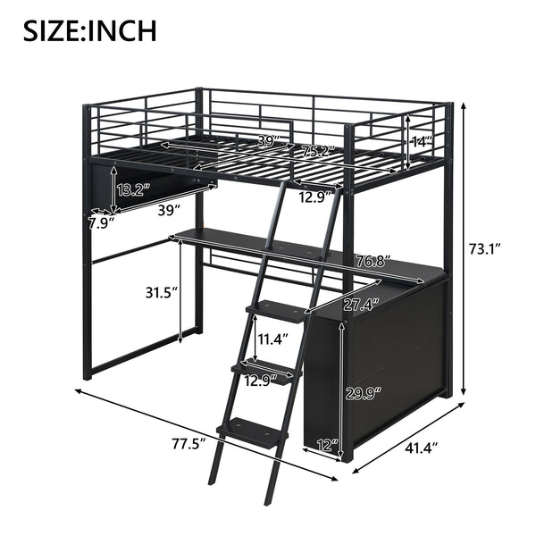 English Elm Twin Metal Loft Bed with LED Desk & 4 Shelves, Black — Sturdy Metal/Wood Frame, Space-Saving Design GX000652AAB