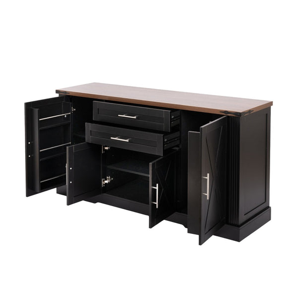 English Elm 63" Fluted Mdf Sideboard with Wood Tone Top Four Doors Three Drawers Dining Storage Black W2917S00012
