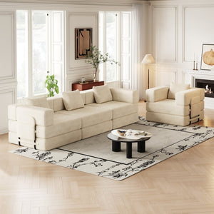 English Elm 4 Seater Corduroy Floor Sofa Bed with Storage Pockets Convertible Lounger for Any Room W3505S00017