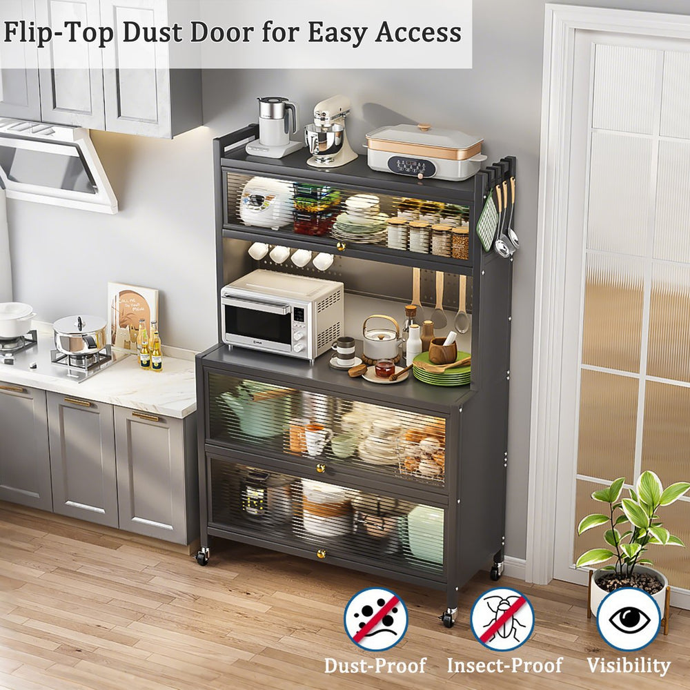 English Elm 64" 5-Tier Kitchen Pantry Cabinet on Wheels with Transparent Flip Doors, DIY Pegboard, Heavy-Duty Metal Storage Rack W3204P300624