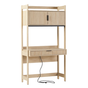 Holmes Modern Writing Desk with Outlet & USB Port, Reeded Drawer, and Hutch Storage Coastal Oak WEHOL42OS3CO0 Walker Edison