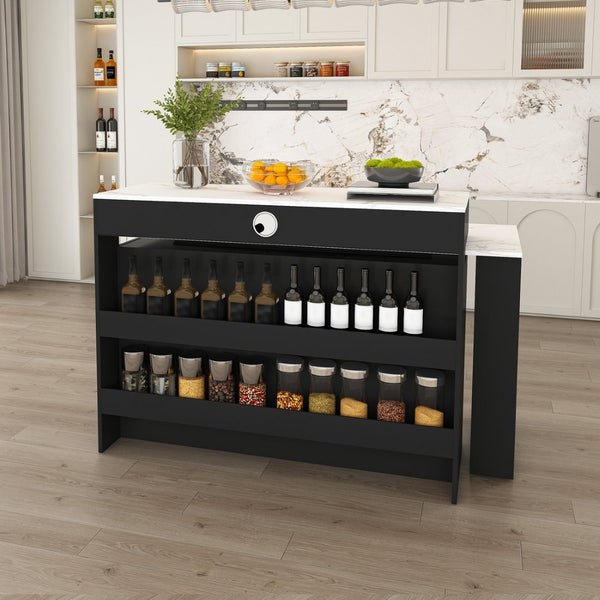 English Elm Kitchen Island Dining Set Marble Veneer Rotating Top Solid Wood Chairs Retro Modern White W2700S00121