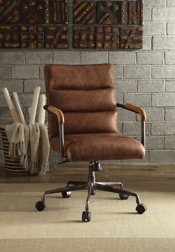 English Elm Harith Retro Brown Top Grain Leather Executive Office Chair with High Back, Pneumatic Lift, Swivel B2726P256669