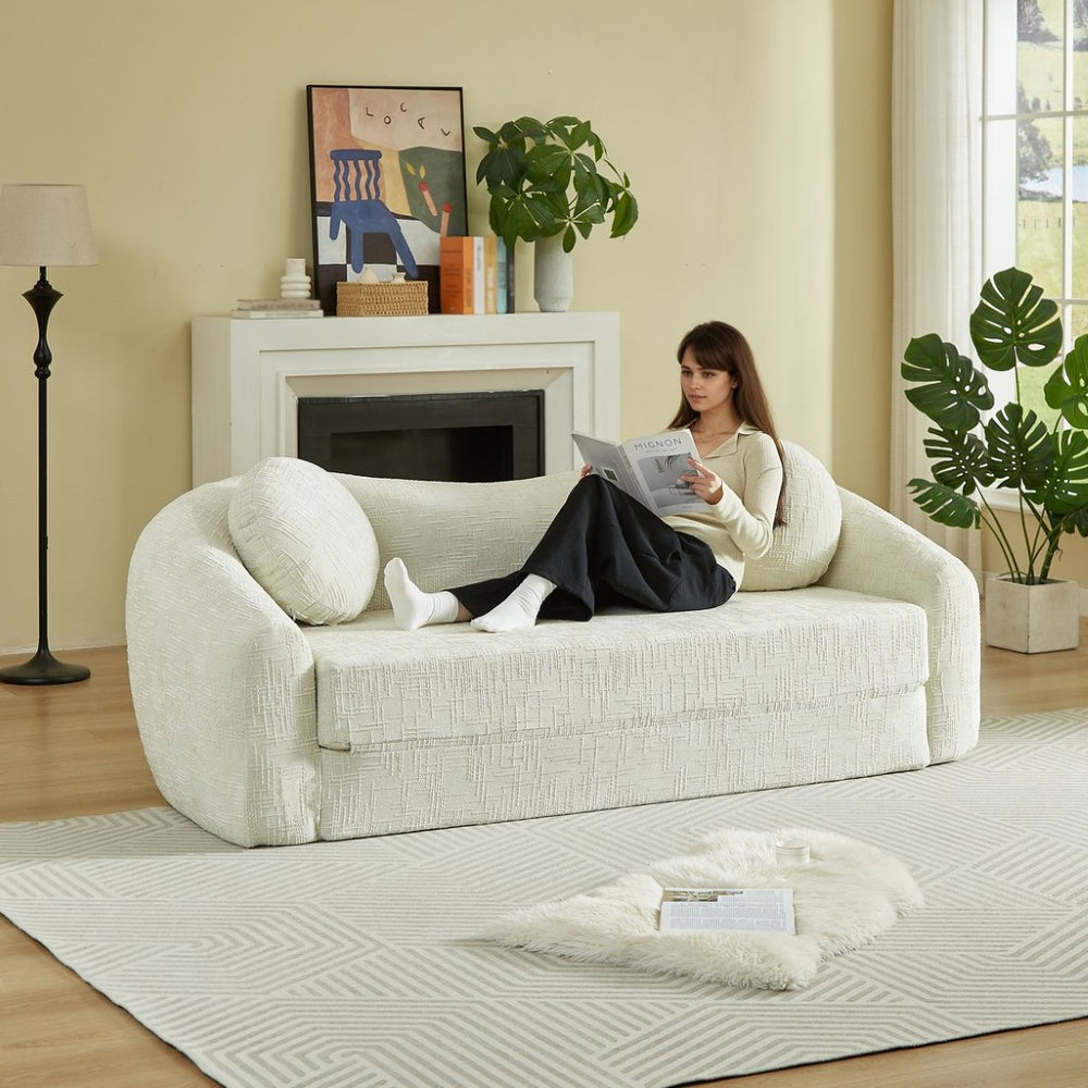 English Elm 86-inch Curved Chenille Convertible Sofa Recliner Frameless Folding Two-seater for Living Room Beige W3505P452816