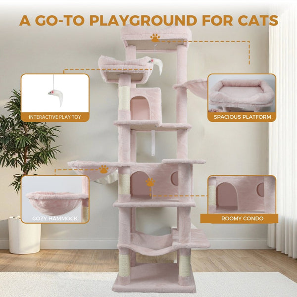 English Elm 68in Tall Six Level Plush Cat Tower with Hammocks Cave and Sisal Posts for Indoor Cats W243P351705