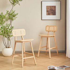 English Elm Christopher Knight Home® - Bari Curved Solid Wood Barstool with Woven Rattan Backrest, Ergonomic Comfort and Timeless Finish Natural N775P264463N